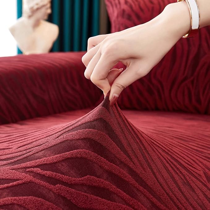 L Shape Zebra Velvet Sofa Covers - Fitted Style ( Maroon )