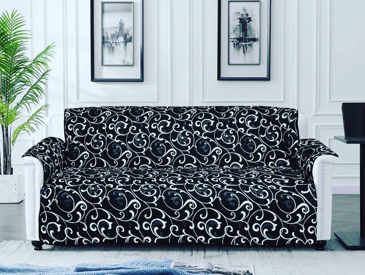 Printed Quilted Sofa Runner - Sofa Coat (Black)