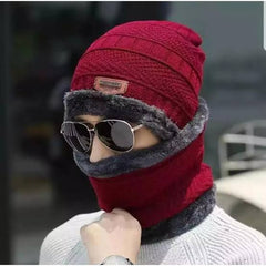 Unisex Beanie Wool Cap With Neck Warmer - Red