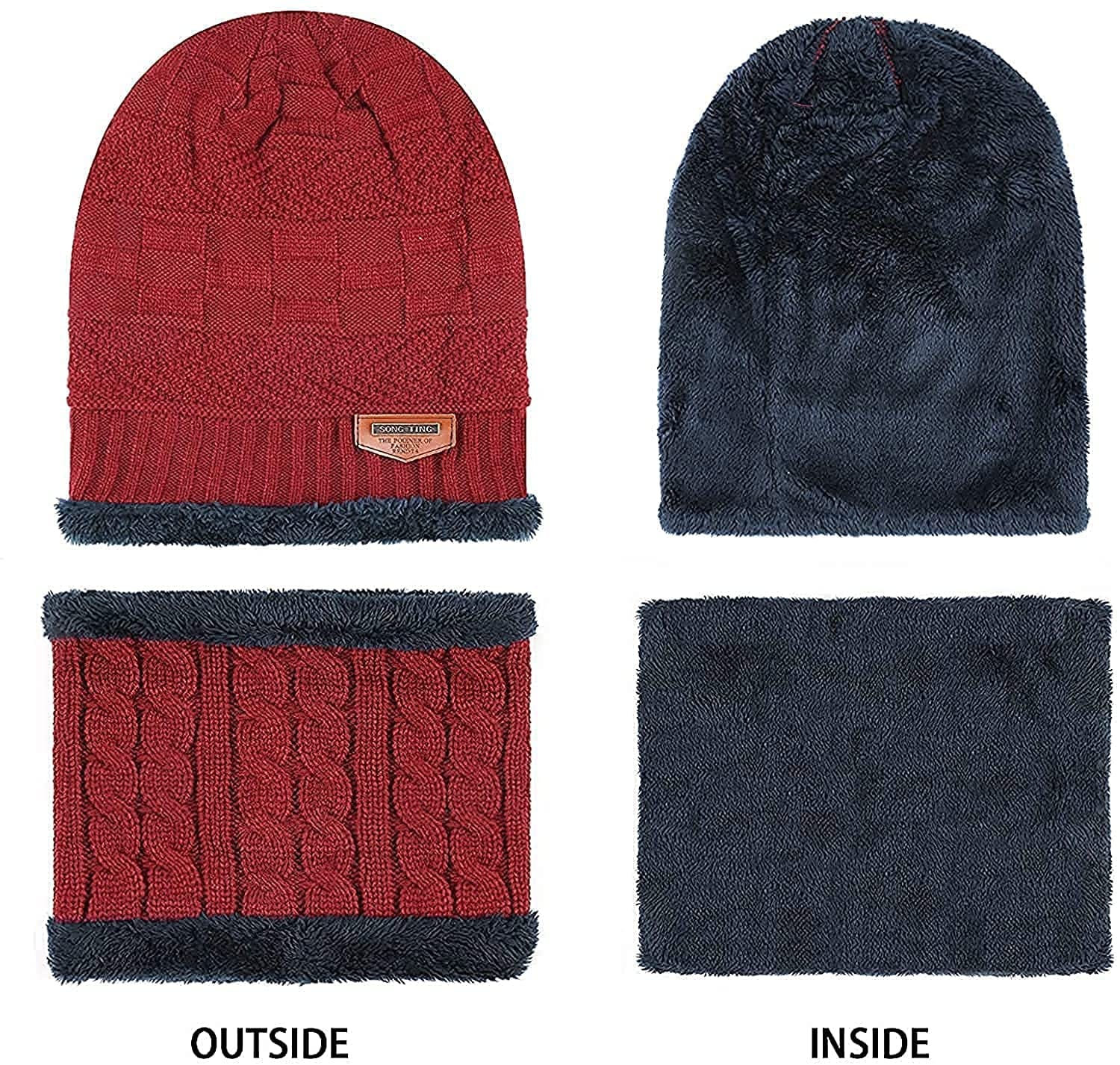 Unisex Beanie Wool Cap With Neck Warmer - Red