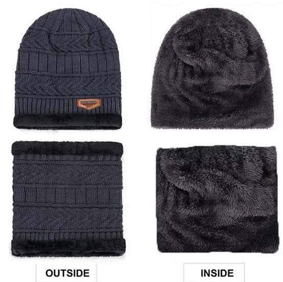 Unisex Beanie Wool Cap With Neck Warmer - Black