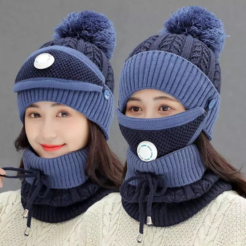 Women 3 Pc's Beanie Cap With Neck Warmer And Mask - Blue