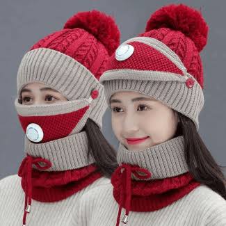 Women 3 Pc's Beanie Cap With Neck Warmer And Mask - Red