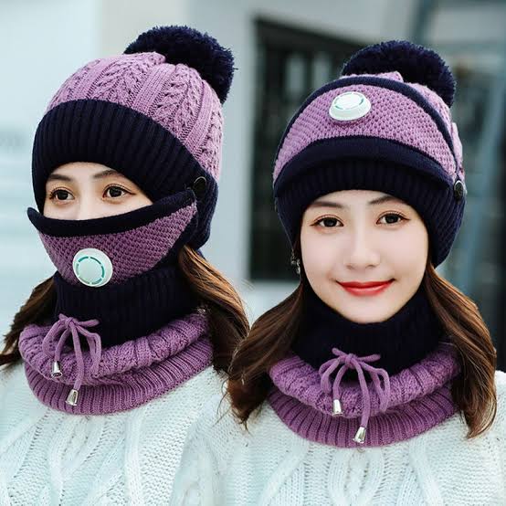 Women 3 Pc's Beanie Cap With Neck Warmer And Mask - Purple