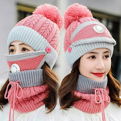 Women 3 Pc's Beanie Cap With Neck Warmer And Mask - Pink