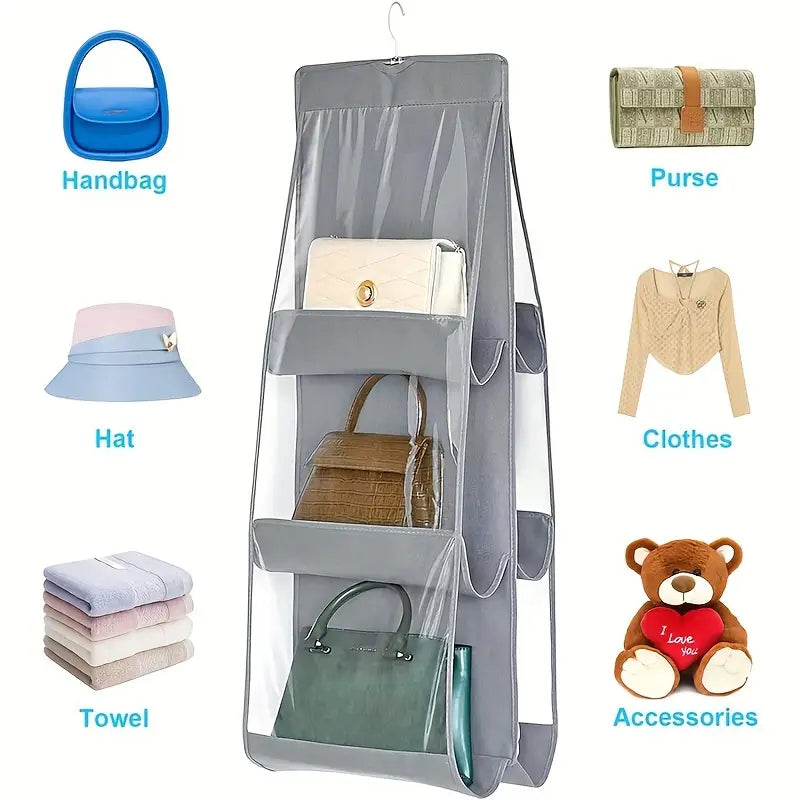 Six Pockets Hand Bags Organizer / Dust - Proof Space Saving Holder With Hanging Hook