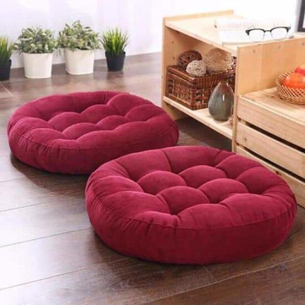 Velvet Round Floor Cushions With Ball Fiber Filling ( 1 Pair = 2 Pcs ) - Maroon