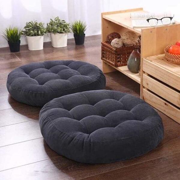 Velvet Round Floor Cushions With Ball Fiber Filling ( 1 Pair = 2 Pcs ) - Black