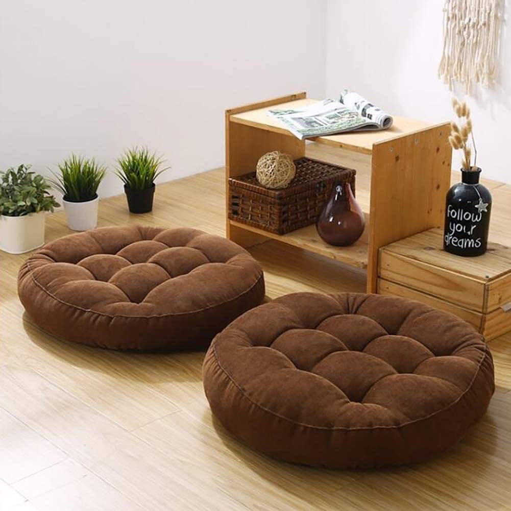 Velvet Round Floor Cushions With Ball Fiber Filling ( 1 Pair = 2 Pcs ) - Brown