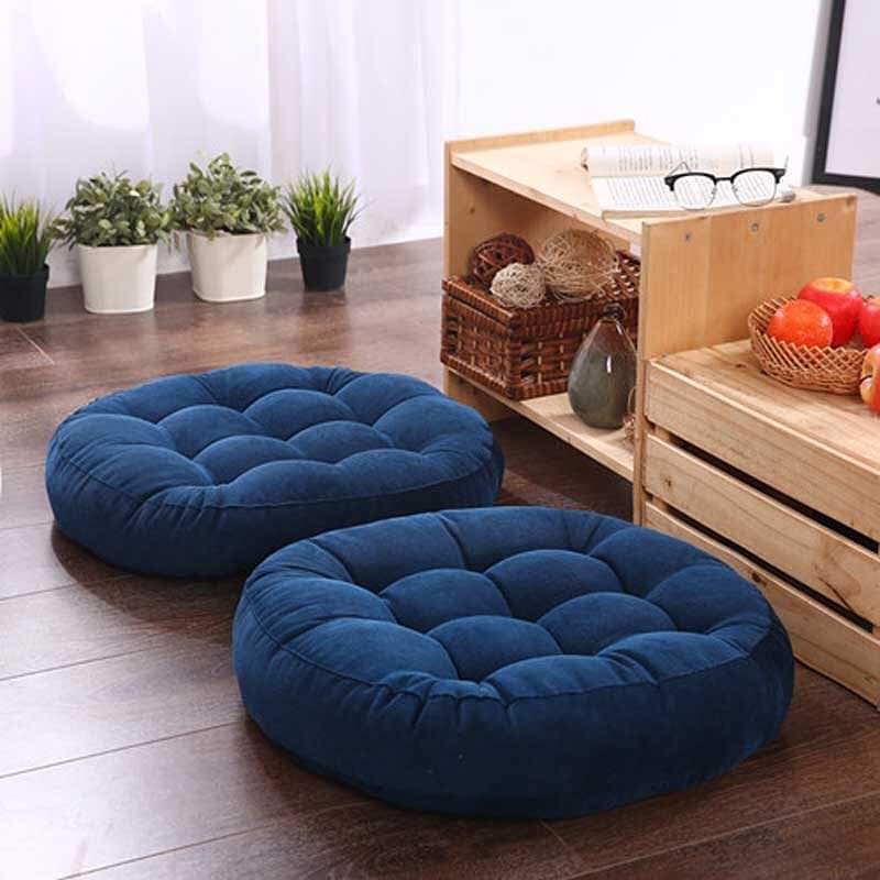 Velvet Round Floor Cushions With Ball Fiber Filling ( 1 Pair = 2 Pcs ) - Blue