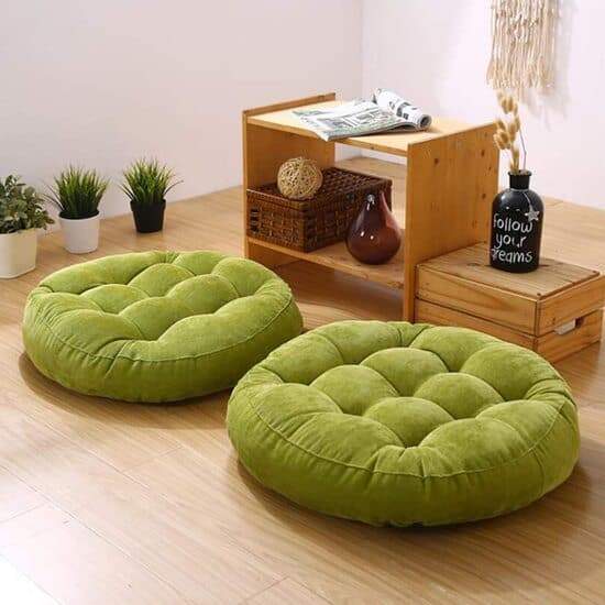 Velvet Round Floor Cushions With Ball Fiber Filling ( 1 Pair = 2 Pcs ) - Olive Green