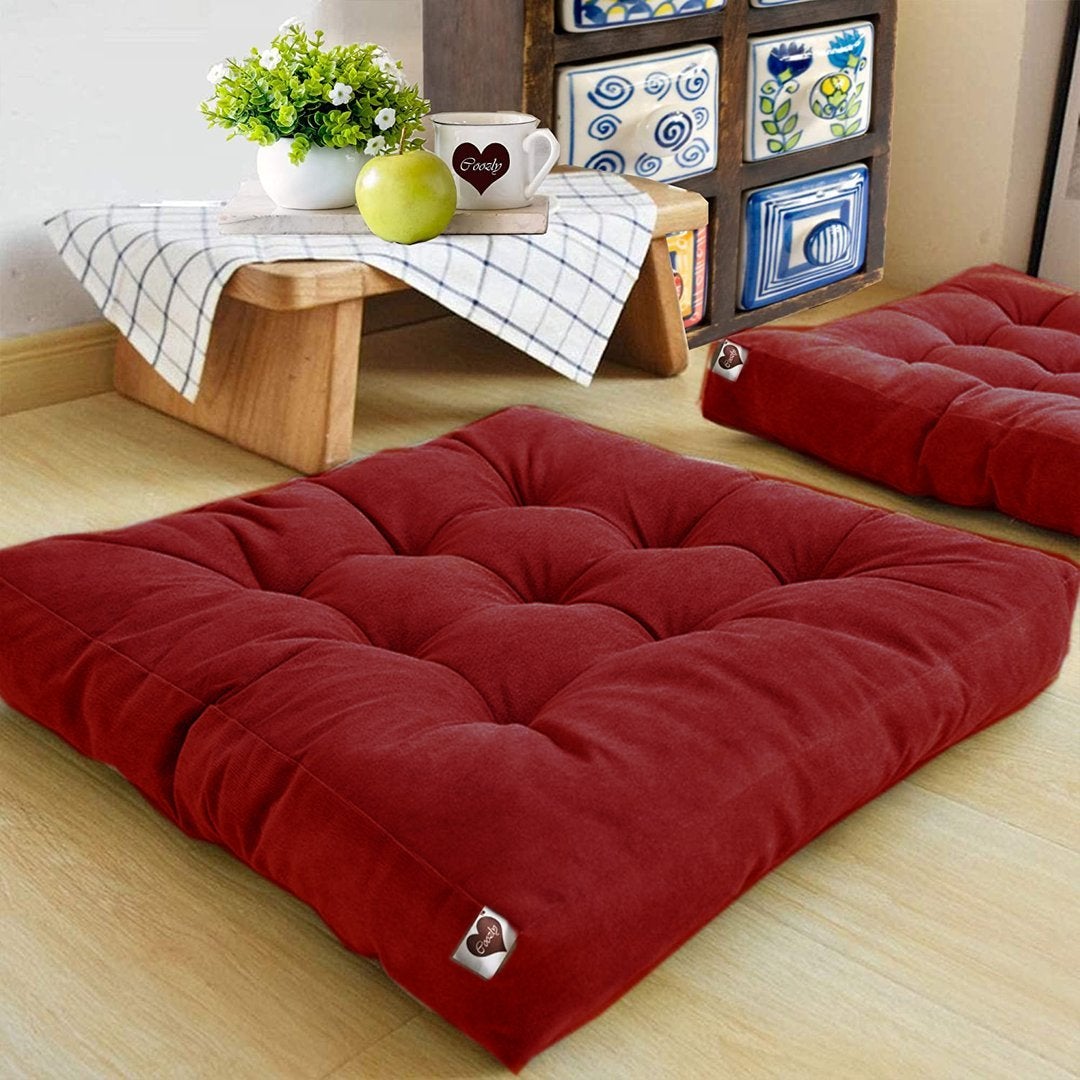 Velvet Square Floor Cushions With Ball Fiber Filling ( 1 Pair = 2 Pieces ) - Maroon